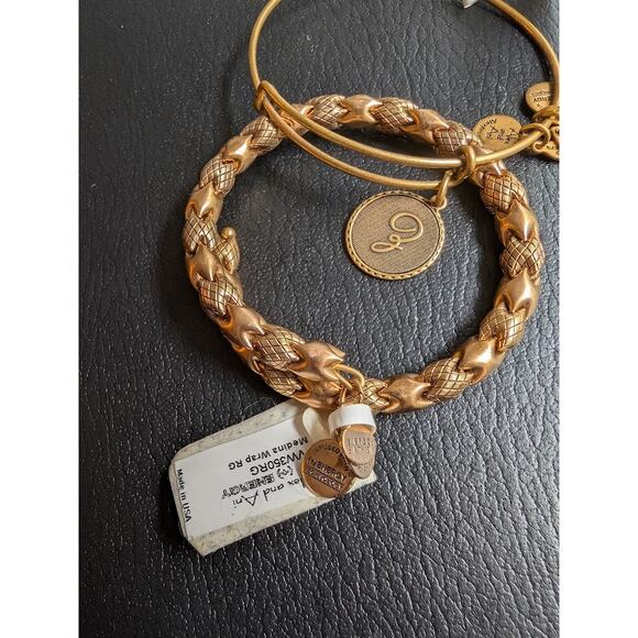 Alex and Ani Gold Bangle Bracelet Set of 2 – Rare Chain-Link + Initial "J" – NWT - Picture 2 of 6